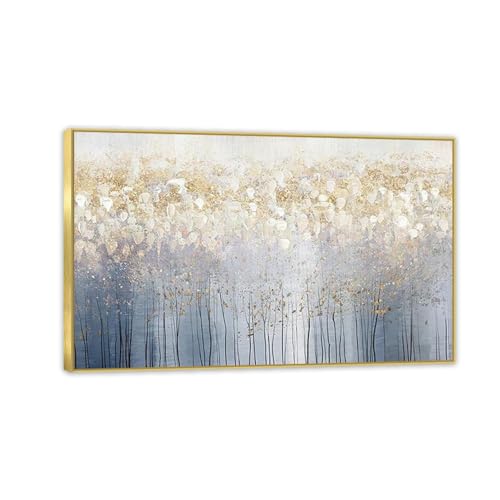 Toile abstraite bleu doré 110x70cm avec cadre lumineux pour salon