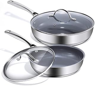 REDMOND Nonstick Frying Pan Skillet Set with Lids, 8” & 10” Stainless Steel Deep Frying Pans with Ceramic Coating, Dishwasher & Oven Safe