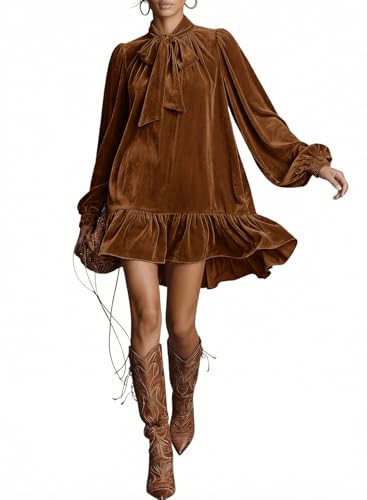 Dokotoo Womens Summer Casual Dresses Long Sleeve Tie Neck Ruffle Hem Mini Dress Vacation Beach 2026 Fall Loose Shift Boho Flowy Dress Babydoll Velvet Wedding Dress Fashion Clothes Outfits Coffee XXL