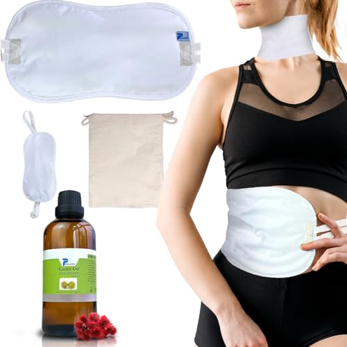Pure Castor Oil Pack Wrap Kit - 100ml Organic Cold Pressed Castor Oil for Liver, Thyroid, Constipation, Inflammation - Reusable Castor Oil Wrap Set for Detoxification, Cleansing, & Rejuvenation