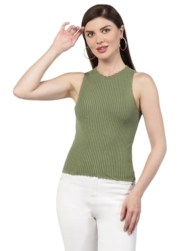 Image of Kalt Womens Knitted, Ribbed Cotton Fitted Sleeveless Round Neck Cami Tank Top