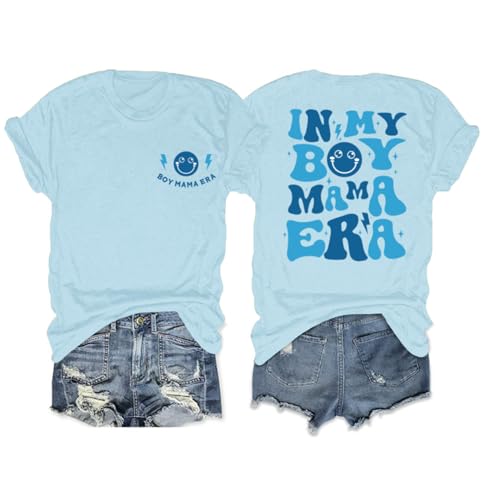 Sulayesh in My Boy Mom Era Shirt Mama Graphic Tees for Women Mother's Day Tshirt Gift Casual Funny Cute Letter Print Tops(Light Blue,L)