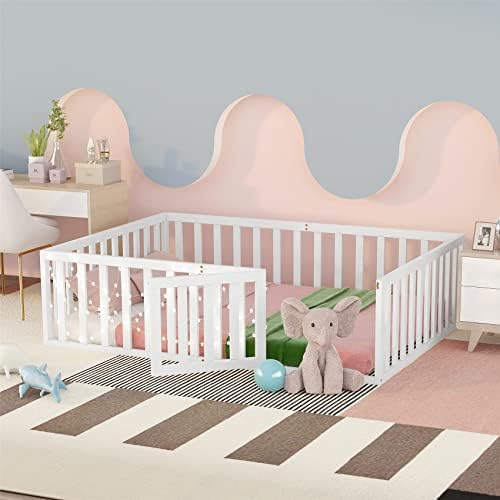 voqoomkl Full Size Floor Bed, Solid Wood Floor Platform Bed Frame with Fence and Fun Small Door, Montessori Daybed with Headboard & Footboard for Boys and Girls, Box Spring Needed, White