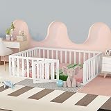 voqoomkl Full Size Floor Bed, Solid Wood Floor Platform Bed Frame with Fence and Fun Small Door, Mon