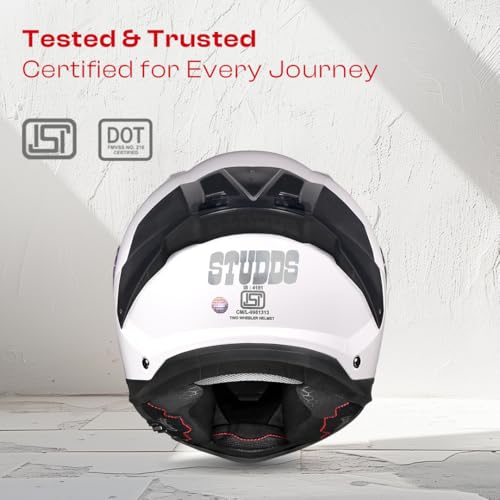 Image of STUDDS Helios ISI and DOT Certified Full Face Helmet with Antifog 100 Lens, Sporty Spoiler (White - XL)