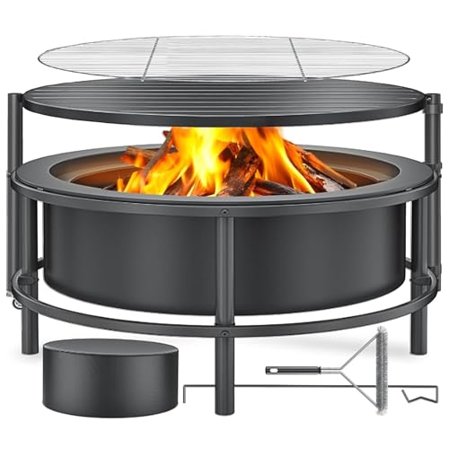 Fire Pits for Outside Wood Burning, Large Outdoor Fire Pit Stove with Roating Table and BBQ Grill, Cold Finished Steel Round Firepit Bowl with Poker, Waterproof Cover, Grill Brush