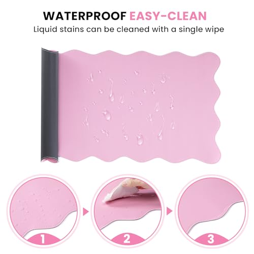 Image of PU Leather Desk Pad, Scalloped Non-Slip Mouse Pad & Large Desk Mat Cover Stitched Edges Writing Pad for Office, Home - Waterproof, Easy to Clean, Durable Surface I 31.4 inchx15.7 inch, Pink
