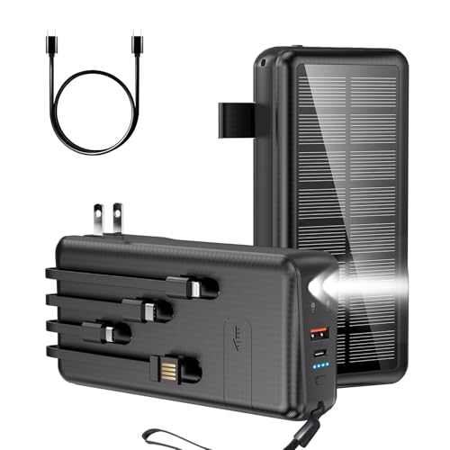 boogostore Portable Charger with Built in Cable and Wall Plug 50000mAh PD30W Fast Charging Solar Power Bank with 5 Output & 2 Input Dual LED Flashlights Phone Holder External Battery Pack (Black)