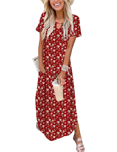 Image of Zeagoo Womens Maxi Summer Dress with Pockets Casual Short Sleeve Sundress Trendy 2026 Curve Hem Long Dress