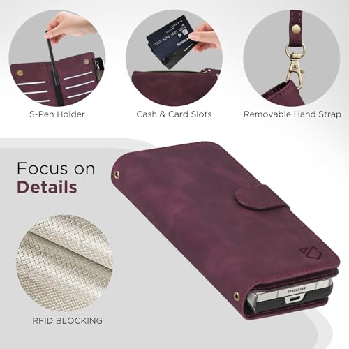 CAESBON for Galaxy-Z-Fold-5 Wallet Case: with RFID Blocking Card Slots (6 Cards) & Hidden S Pen Holder | Soft PU Leather Magnetic Snap Zipper Wrist Strap Protective Phone Cover - Claret by CAESBON - Used condition - Image 4