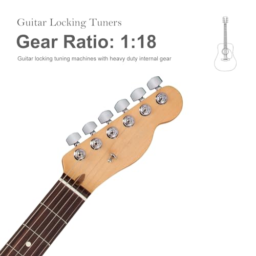SAPHUE 6R Guitar Locking Tuners 1:18 Lock String Tuning Key Pegs Machine Head with Hexagonal Handle Replacement for Electric Folk or Acoustic Guitars (Chrome)