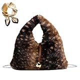 Brown Deer Print Dumpling Bag for Women, Fall Faux Fur Animal Handbag, Retro Plush Large Capacity Chain Shoulder Bag