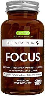 Pure & Essential Focus - Brain Supplement with 200mg Caffeine, L-Theanine, Taurine, L-Tyrosine Plus B-Vitamins, Zinc & Copper, Enhance Cognitive Function & Mental Energy, 60 Capsules