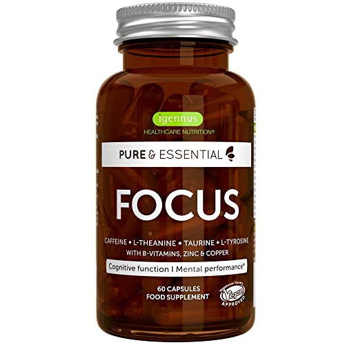 Focus – Nootropic Brain Supplement for Memory & Concentration. L-Theanine, Taurine, L-Tyrosine & 200mg Caffeine & Bioactive B-Vitamins, Zinc & Copper. Clarity & Mental Energy, Non-Jittery, 60 Capsules