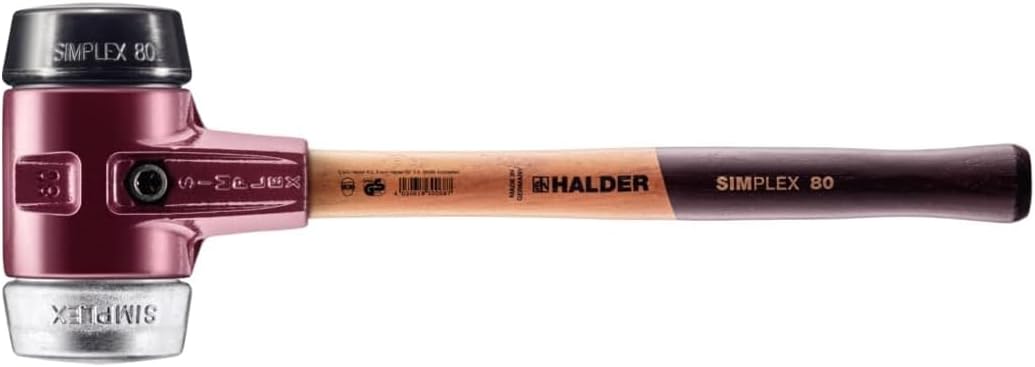 Halder Simplex Soft-Faced Mallet 3029.080 - Medium-Hard Rubber Insert, Soft Metal Insert, Cast Iron Housing with Handle Protection Sleeve, Varnished Wooden Handle, 80mm, 7.7 lbs.