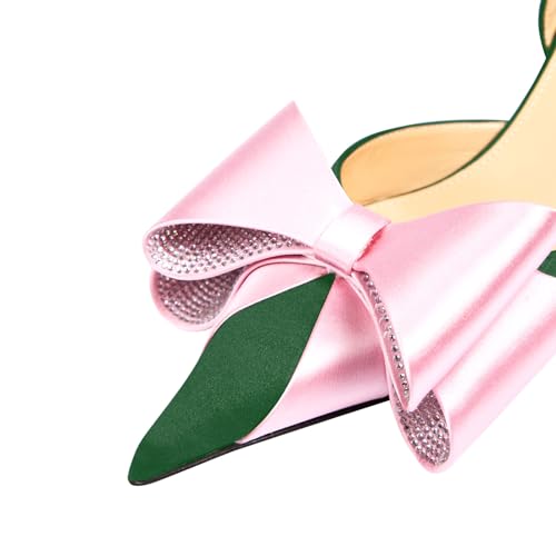 sarawill Women's Pointed Toe Slingback Kitten Heels Comfort Slip On Two Toned Closed Toe Pumps Fashion Satin Double Bows with Rhinestones Dressy High Heel Shoes for Women2