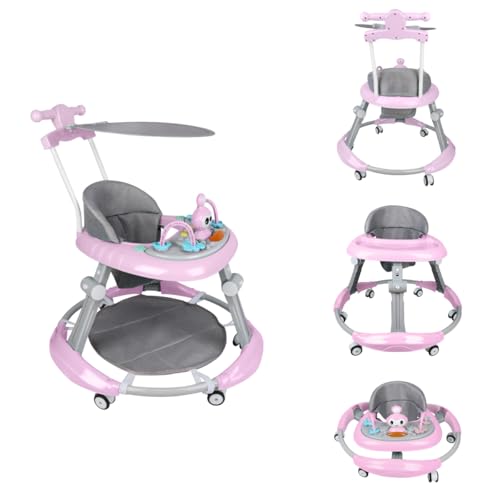 Homewell Andador con toldo extraíble, Babywalker con música, 5 ajustes de altura, andador con respaldo alto, plegable, para niños a partir de 6 meses, mesa de comedor (rosa)