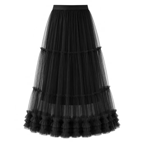 JasGood Damen Tüllrock Hochtaillierter Mehrlagiger A-Linie Tüll Rock Ballett Tutu Rock für Damen Abschlussball Karneval Party Damenrock Schwarz M