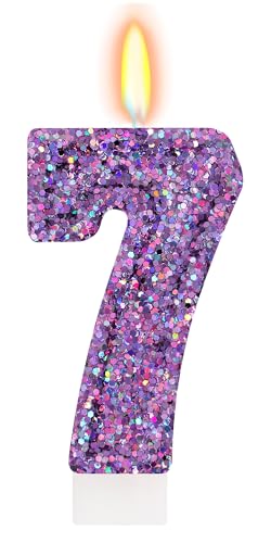 FAMGift Deep Purple Glitter Birthday Candles for Girls - Number 7 Candle Cake Topper for Kpop Themed Birthday Party Decorations