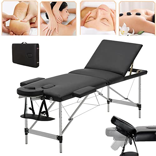 Cama de masaje móvil plegable con 3 zonas de altura ajustable de aluminio cosmético, banco de masaje portátil (hasta 230 kg), color negro Cover