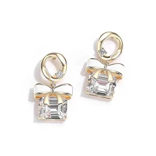 Sterling Silver Needle Dangle Earrings For Women, White Enamel Bow Ribbon Girl's Drop Earrings, Cushion-Cut Transparent Crystal As Pendant, Looks Smart And Lively (Bow Cushion Cut Pendant) #TOP14