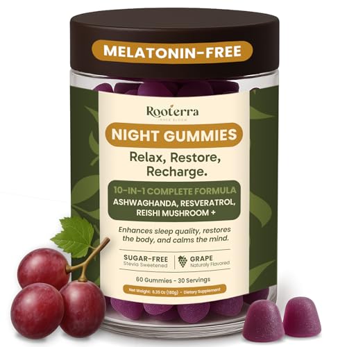 Night Gummies – Melatonin-Free, Reishi, Ashwagandha, Valerian, Magnesium, Resveratrol & Relaxing Botanicals – Supports Evening Calm, Sleep and Relaxation – Grape Flavor, 60 Gummies