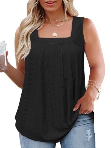 ROSRISS Plus-Size-Tank-Tops Summer Sleeveless Loose Fit Pleated Shirts Square Neck Tunics Eyelet Flowy Tees