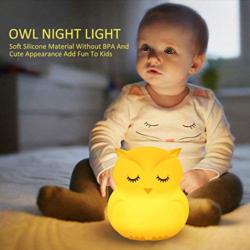 Image of Owl Night Light for Kids, Rechargeable LED Bedside Lamp for Children, 9 Changing Color Silicone Nursery Lamp for Breastfeeding, Eyes Caring, Tap Adjustable Brightness & Colors