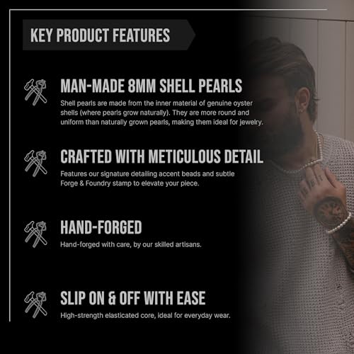Forge & Foundry Men's 8mm Shell Pearl (Man-Made) Bracelet [Small, Medium, Large and Adjustable Sizing Options] | Marlow | Silver - Medium3