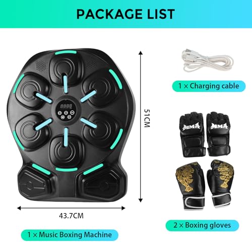 Music Boxing Machine, Boxmaschine mit Musik für Kinder und Erwachsene, Boxautomat mit 8 Weiche Schlagpunkte, 9 Trainingsmodi, Wandmontage ohne Bohren, mit 2 Handschuhen, für Heimfitness