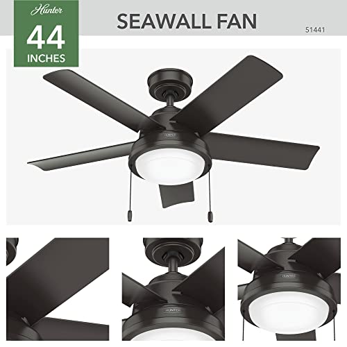 Image of Hunter 44 inch Outdoor or Indoor Ceiling Fan with LED Light and Pull Chain - Bronze Ceiling Fan, Standard Mount, 5 Blades, For Patio, Porch, Garage, or Living Room - Seawall 51441, Noble Bronze