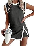 EVALESS 2 Piece Sets for Women Summer Matching Athletic Lounge Outfits Ribbed Knit Tank Top and Elastic Waist Split Lined Skirt 2026 Spring Fashion Womens Two Piece Travel Workout Set Black Medium