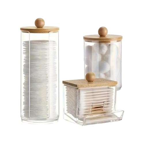 3Pcs Cotton Pad Holder Cotton Wool Bud/Swab/Ball Holder with Bamboo Lid Bathroom Qtip Dispenser Jars Canisters Holders for Vanity Cotton Ball Qtips Makeup Storage Organiser Cosmetic Storage Box