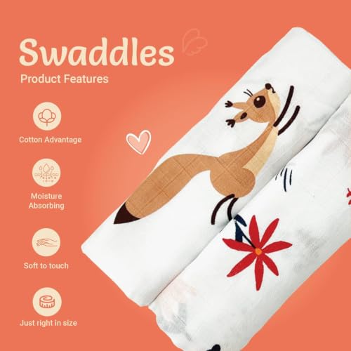 Image of Tinylane 100% Cotton Printed Swaddle Wrap for Newborn Baby | Soft & Breathable Muslin Blanket, 90 x 90cm, Skin-Friendly | for 0-2 Years | Pack of 2 (Brown Naughty Squirrel & Orange Daisy)