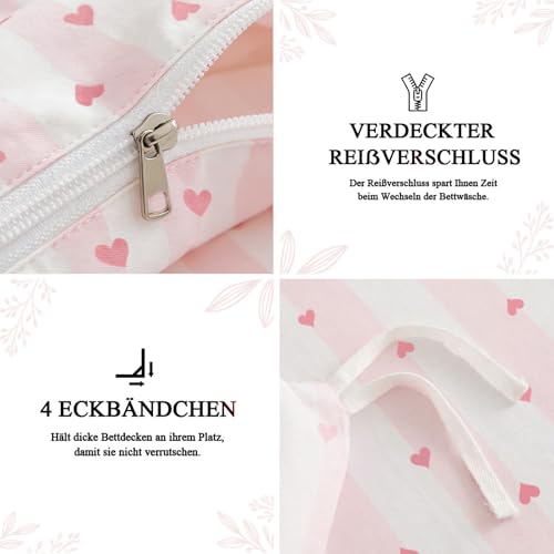 Tospass Herz Bettwäsche 135x200 Rosa Weiß Herzen Gestreift Bettwäsche Set – Ansicht 6