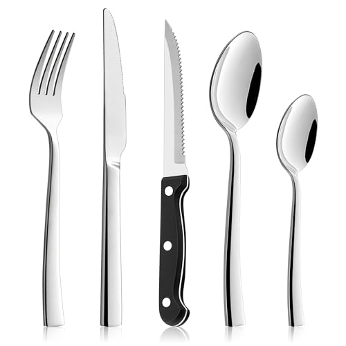 Joyfair 16 Pcs Cutlery Sets with 4 Pcs Steak Knives, Stainless Steel 20 Pieces Silverware Flatware Set with Fork Knife Spoon for Home/Restaurant/Party/Kitchen, Mirror Finished & Dishwasher Safe