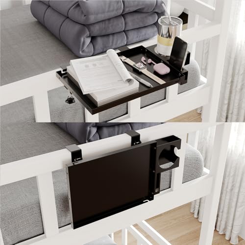 AmzAge Metal Bedside Shelf Table Tray with Cup Holder, Foldable Bed Side Table for Bunk Bed & Top Bunk, College Dorm Room Essentials for Guys & Girls, Clip-on Laptop Nightstand for IKEA Beds, Black