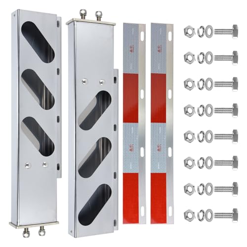 Image of Stainless Steel Mud Flap Hanger Set with Oval Light Cutouts 2-1 /2 inch Bolt Spacing 30 inch Length Rear Bar for Semi Trucks, 2.5 inch Bolt Spring Loaded with Aluminum Reflective Tapes