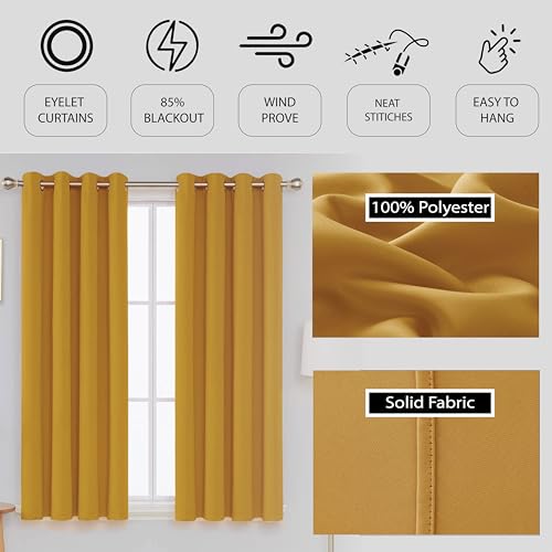 funky gadgets Blackout Curtains for Bedroom 72 Inch Drop Thermal Insulated Eyelet Curtains & Drapes Black Out Curtain for Kitchen, Living Room 2 Panels (46x72 Inch Yellow) - Image 4