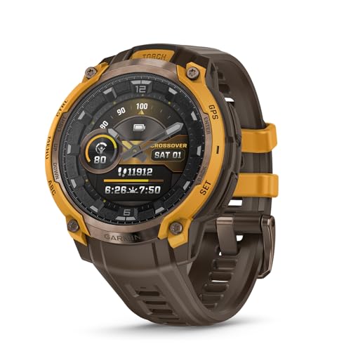 Garmin Instinct® Crossover AMOLED, Rugged Hybrid GPS Smartwatch with Analog Watch Hands and Bright AMOLED Display, Bronze/Sunburst with Cocoa Silicone Band