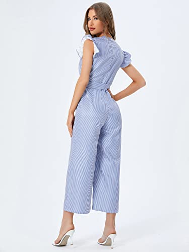 Wdirara Women's Layered Ruffle Cap Sleeve Notched V Neck Belted Jumpsuit Pants Blue Striped Xl #TOP1