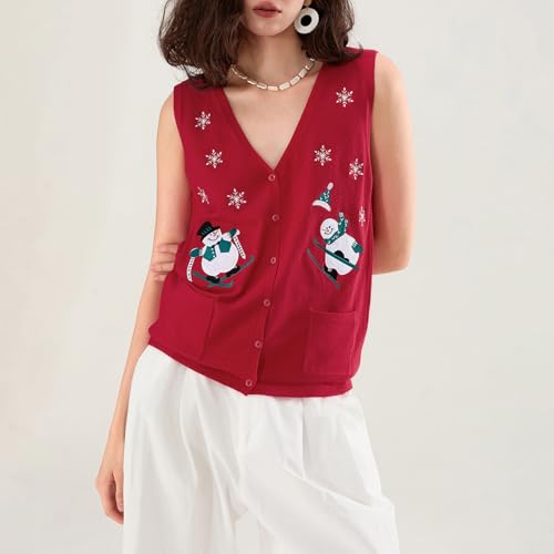 Image of Women Christmas Knit Vest Top Santa Embroidery Sleeveless Button Down Sweater Vest Xmas Snowman Cardigans Tank Top