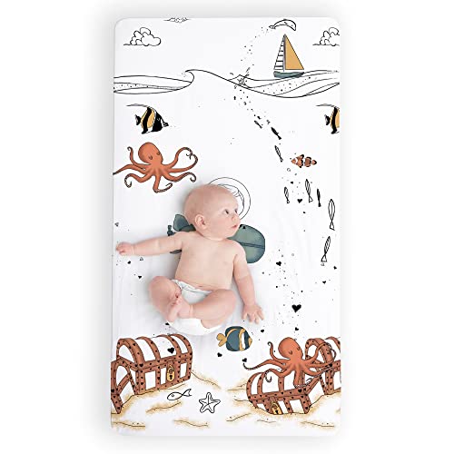 Image of JumpOff Jo - Fitted Crib Sheet, Super Soft Breathable 100% Cotton Baby Crib Sheet for Standard Crib Mattresses and Toddler Beds, 28 in. x 52 in. - Octopus Treasure