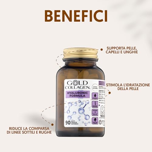 GOLD COLLAGEN Hyaluronic Formula - Integratori per Capelli Pelle Unghie e Articolazioni, 90 Compresse - Integratore Capelli Donna Collagene Marino con Acido Ialuronico, Vitamina C e D, Zinco - 3