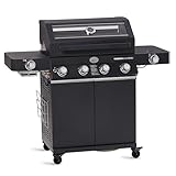 RÖSLE Gasgrill BBQ-Station VIDERO G4-S Nero VARIO+, Grill mit 4 Edelstahlbrennern extra Primezone und Seitenbrenner, klappbare Seitentische, pulverbeschichteter Stahl, NERO Sonderedition