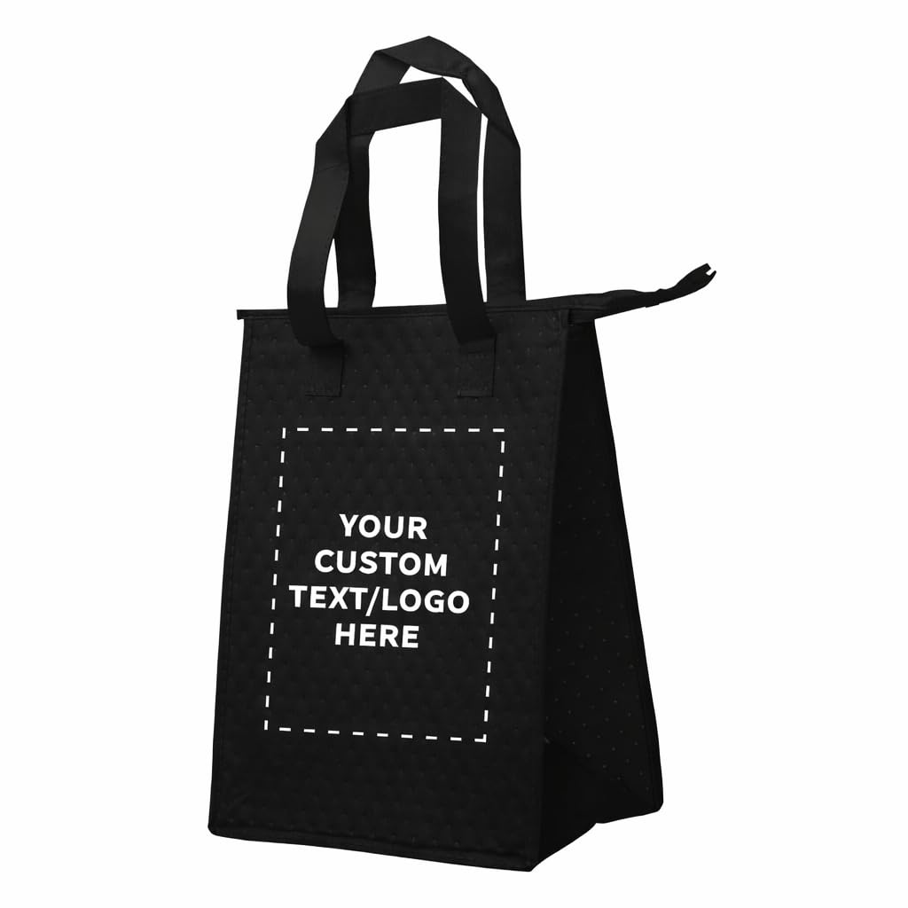 Discount Promos Custom Zipper Insulated Lunch Tote Bags Set of 100, Black, Unisex - Custom – Black 10/50/100 bags