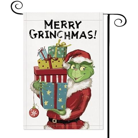 Grinch Garden Flags Christmas Outdoor Decor: Merry Christmas Flags for Outside 12x18 Inch Double Sided Vertical Burlap Winter Welcome Flags Xmas Holiday Decorations House Lawn Yard Flags Cover
