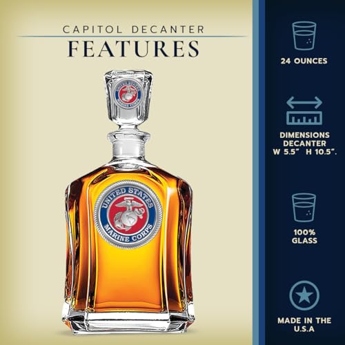 Image of Heritage Pewter Marines Decanter - Eagle Globe & Anchor | 24 OZ Whiskey Decanter for Liquor with Airtight Stopper | Expertly Crafted Pewter Glass Clear