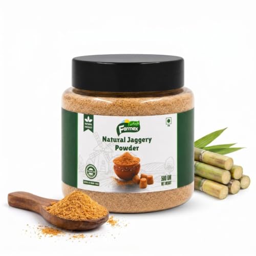 Farmex Natural Jaggery Powder 500g | Kolhapuri Jaggery Powder in Jar | 100% Pure Sugarcane Jaggery | Healthy Sugar Substitute | Easy to Use | Chemical-Free & Vegan