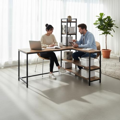 Image of Amazon Brand - Solimo L Shaped Study Table for Students and Adults /Computer Table for Home-Office /Gaming Table /Computer Desk for Corner - Wood & Metal (English-Forest Dark & Black, DIY Installation)